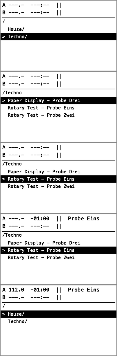 Fünf Bildschirmzustände des Displays: Ordner wählen, Track wählen, Track in Deck A laden