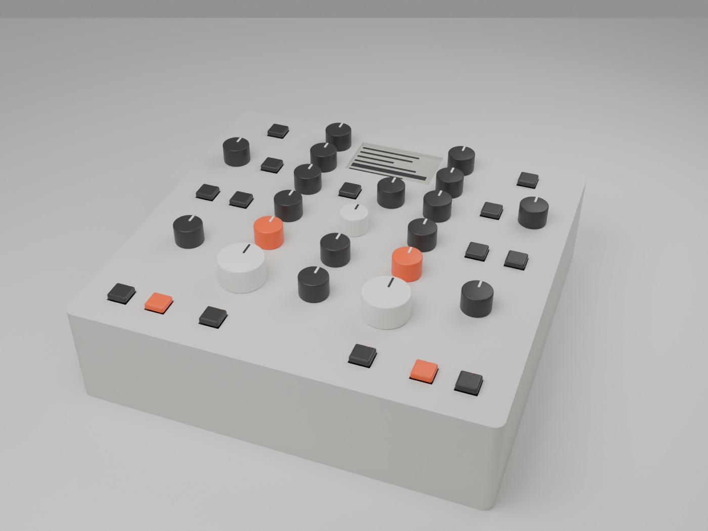 Blender-Render des Controllers: hellgraues Gehäuse, schwarze und orange Drehknöpfe, kleines Papier-Display